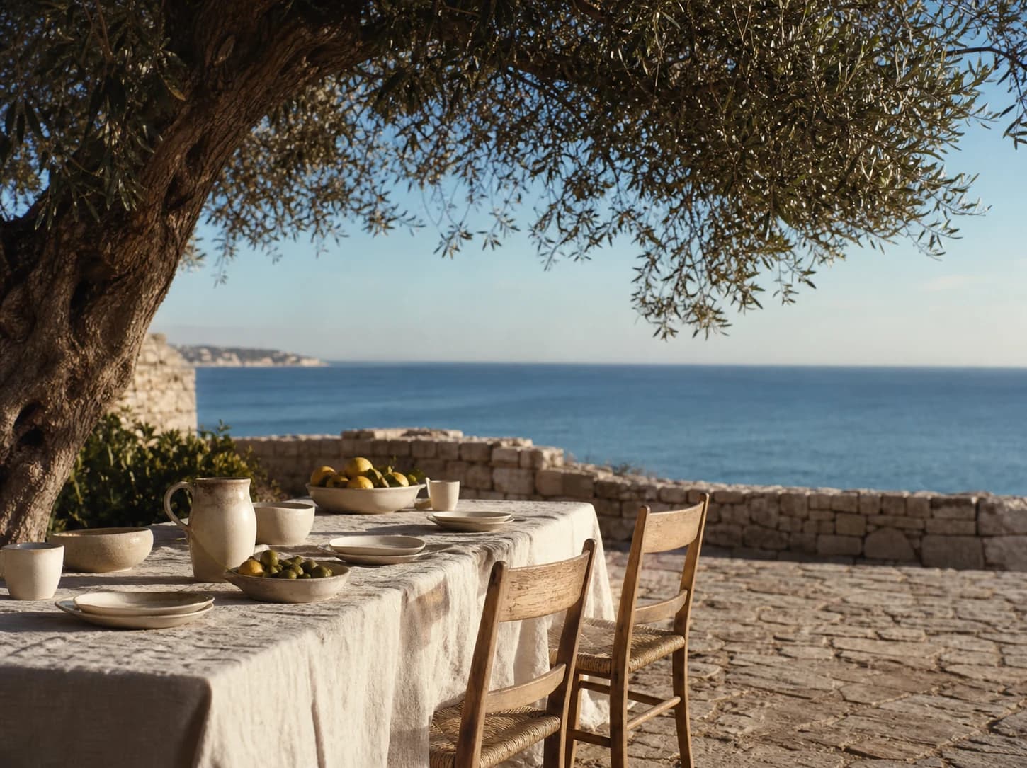 Lunch table beneath an olive tree overlooking the sea