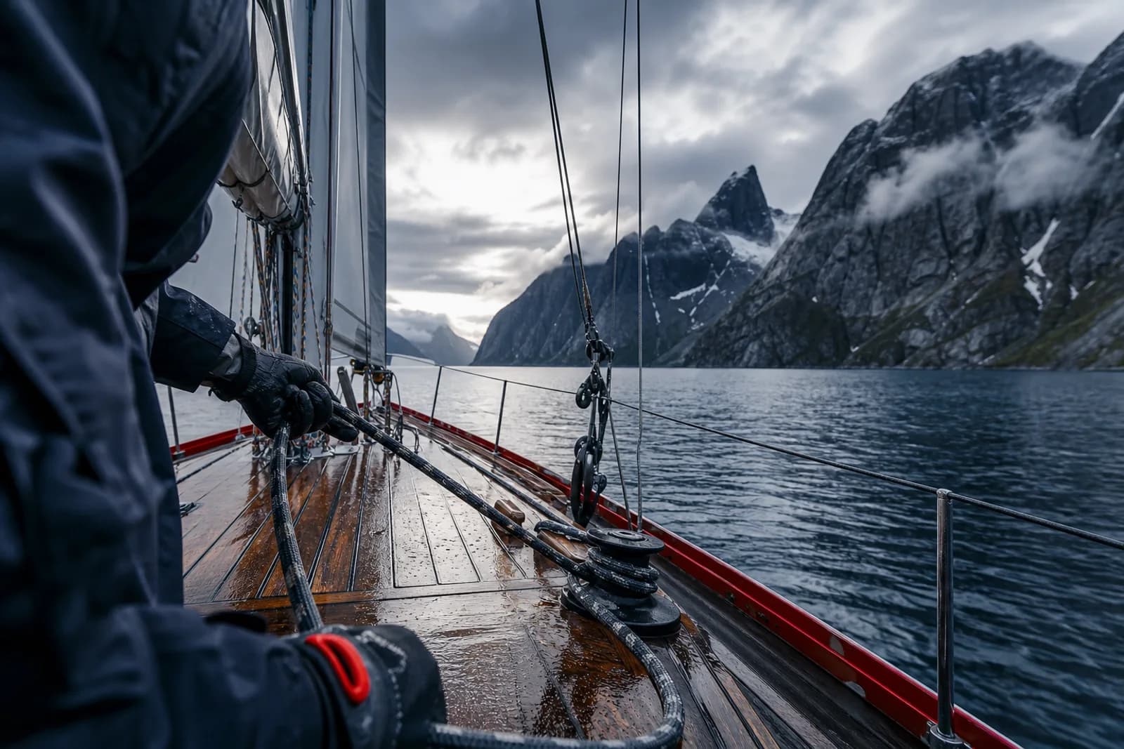 Sailor trimming a line on deck while entering a Norwegian fjord