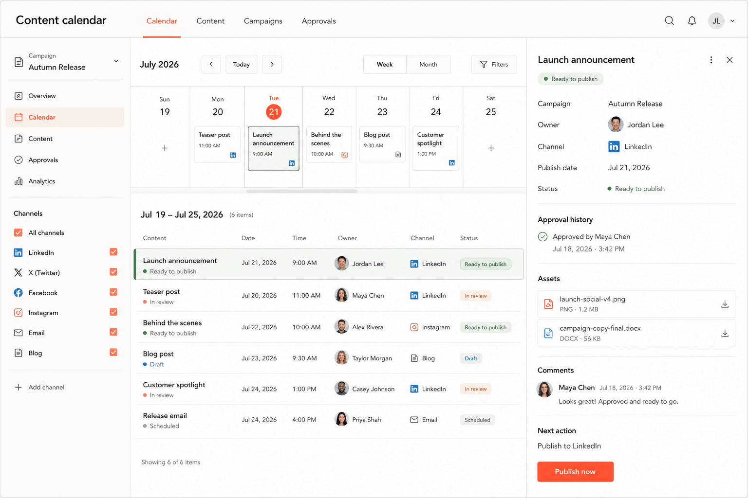 Team view of the content approval calendar